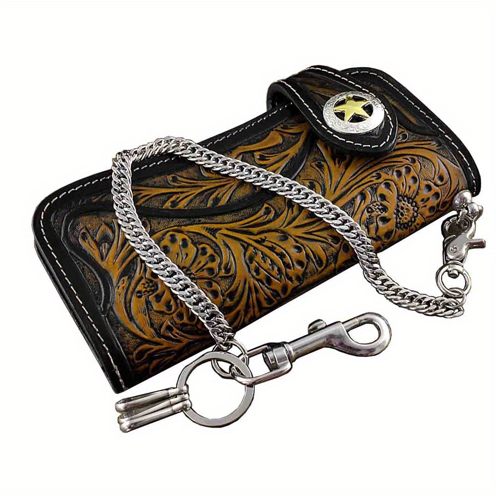 mens tan carved long leather wallet biker trucker chain l77 - Temu