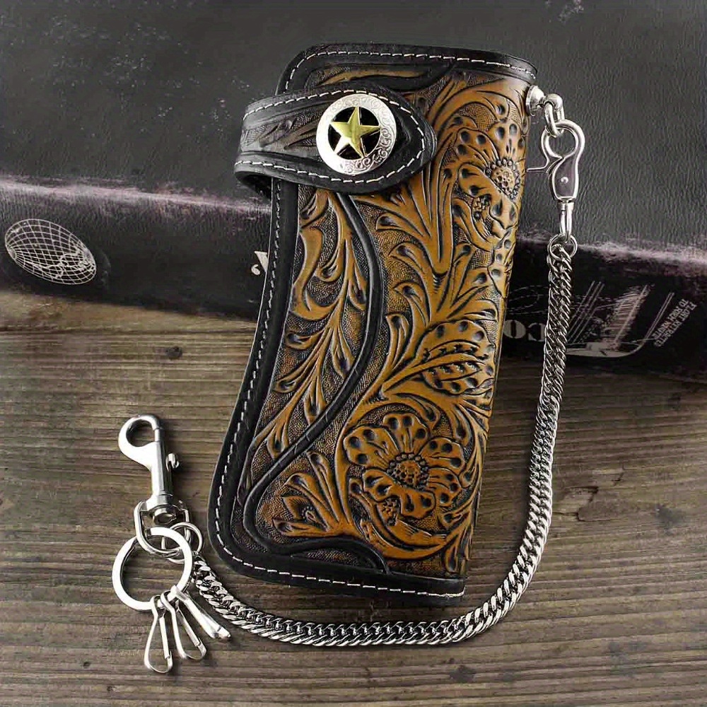 西*ん様 LIDNM Llife LEATHER CHAIN WALLET CO mens tan carved long leather wallet biker trucker chain l77 - Temu