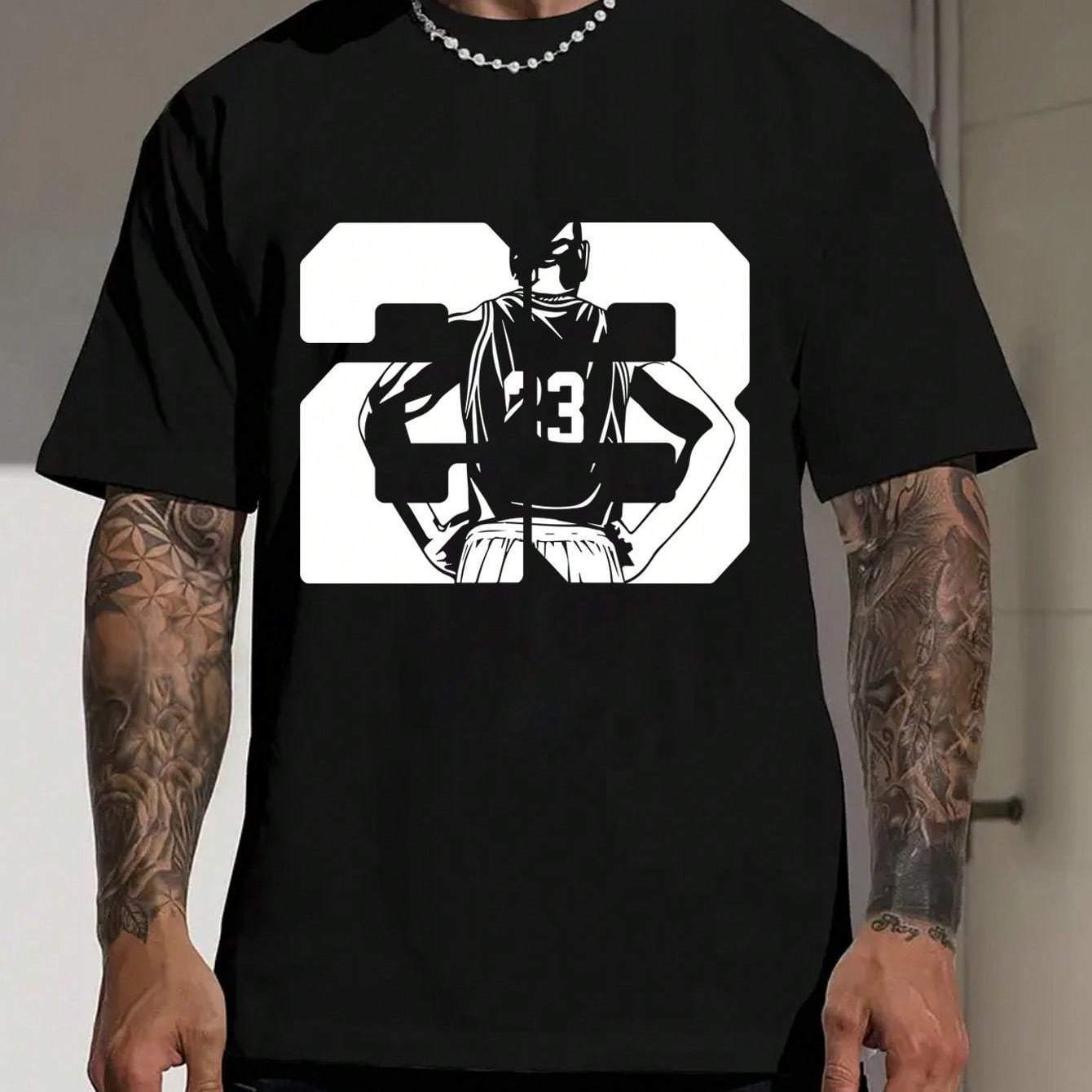 

Men's Summer T-shirt With Round Neck And Short Sleeves, Printed With No. 23 And Basketball Player Logo On The Back
