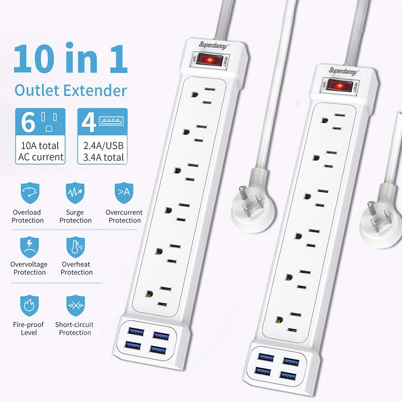 

1/ 2 Pack 4 Usb Power Strip, 6 Outlets Eextender, 900joules Protector, 4 Ft Extension Cord Flat Plug, Wall Mountable Extension Socket For Home Kitchen Office Dorm Essentials, Black/ White