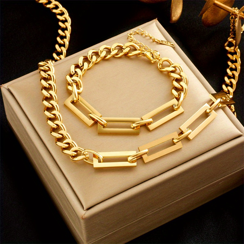 

2pcs Golden Jewelry Plated 18k Stainless Steel Geometric Necklace Bracelet Set With 2-piece Instagram Luxury Elegant Fashion Trend Gift For Ladies, Wedding Parties, Celebrating Festivals Wear