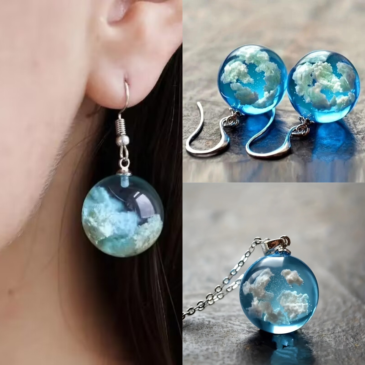 

20mm Blue Sky White Cloud Clear Ball Pendant Necklace Dangle Earrings Set, Moon White Cloud Resin Jewelry Set, Versatile Jewelry For Women, Women's Daily Wear