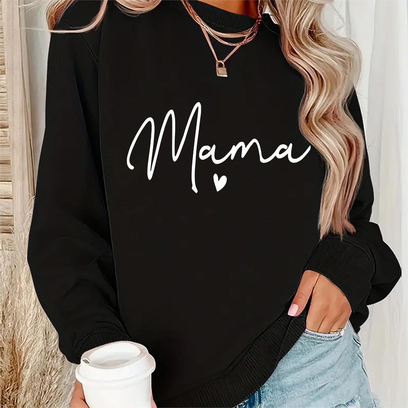 

Mama & Heart Print Sweatshirt, Crew Neck Casual Sweatshirt For Fall & Spring, Women's Clothing