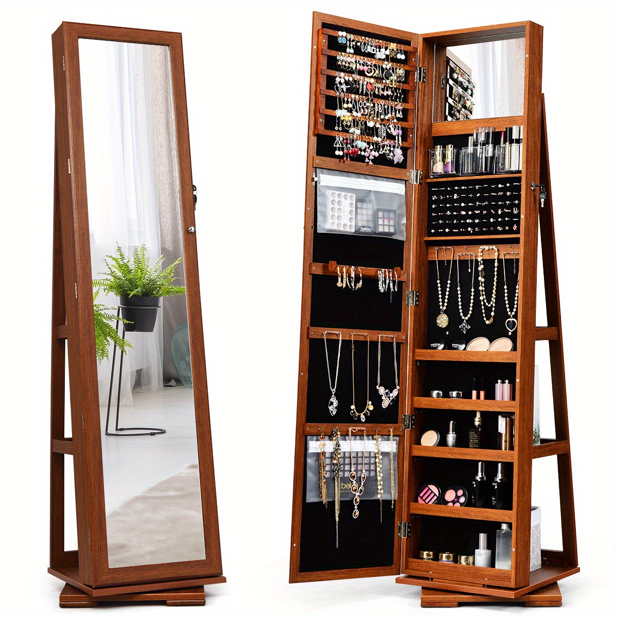 Image of 360 Degree Rotatable Jewelry Cabinet Armoire 2-in-1 Lockable Mirrored Brown, Jewelry Armoires