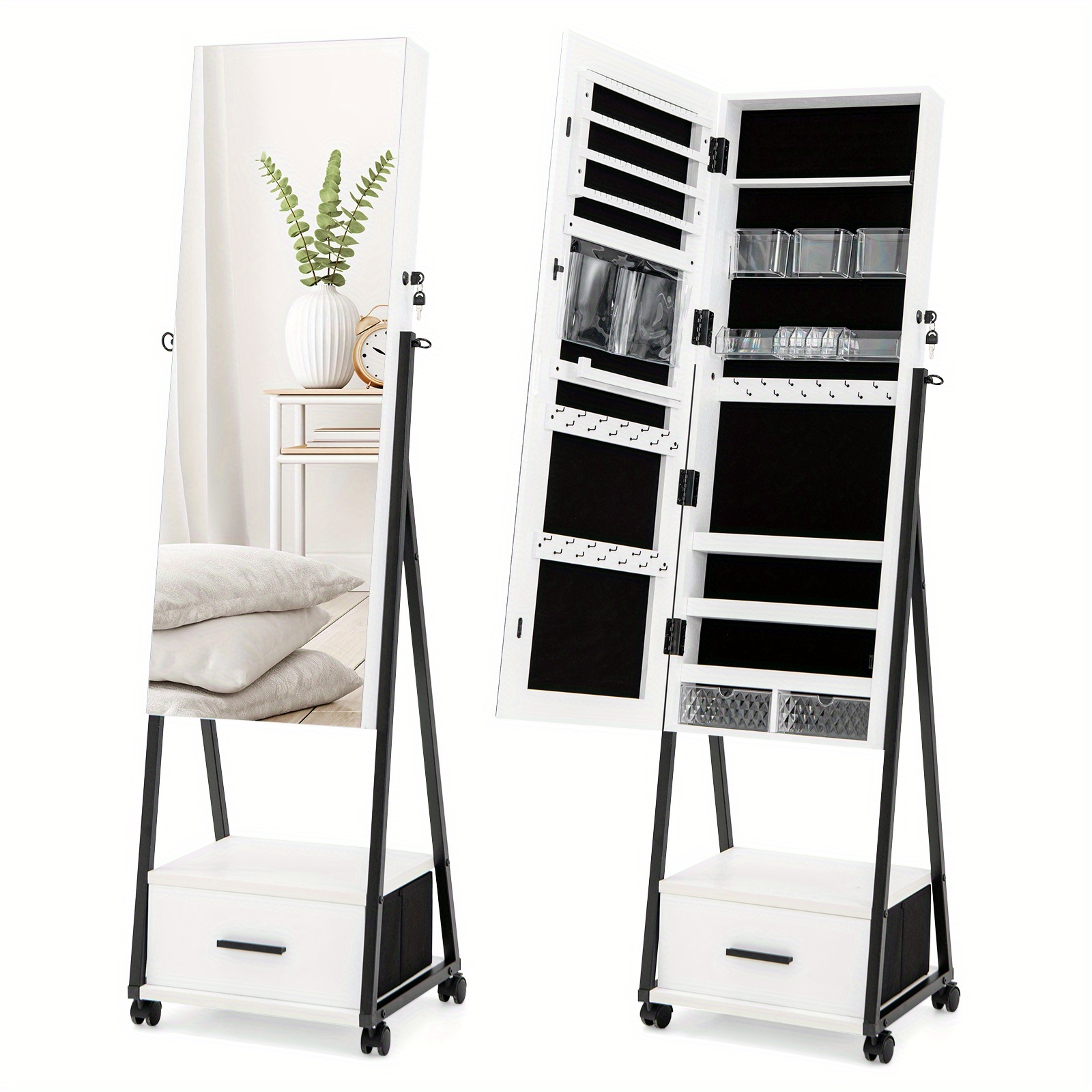 Jewelry Cabinet Armoire Full Length Mirror Lockable W/ Bottom Drawer & Wheels