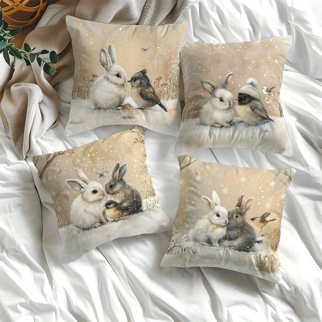 

4pcs Set Cute Rabbit & Sparrow Winter Throw Pillow Covers, 17.7x17.7in - Soft Polyester, Zip Closure, Machine Washable For Living Room Sofa & Bedroom Decor (inserts Not Included)