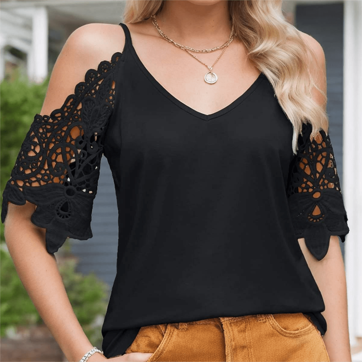 

Tooluck Womens V Neck Off Shoulder Tops Cut Out Lace Short Sleeve Solid Blouses Shirt