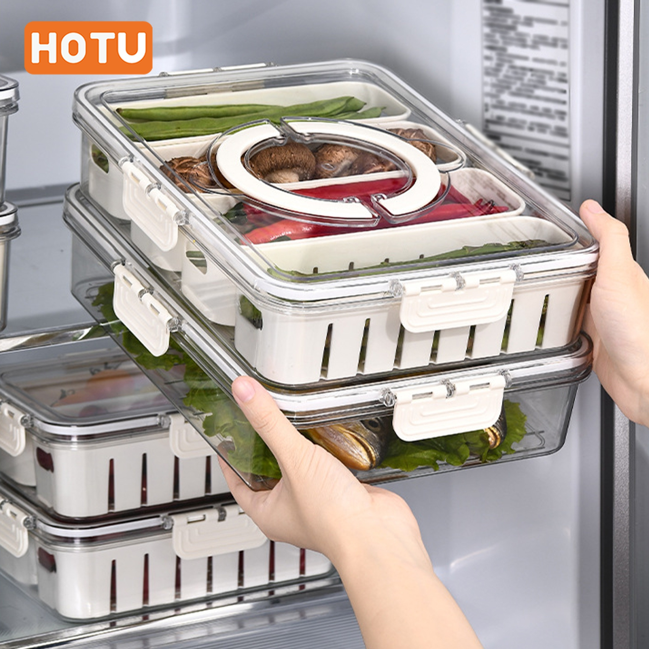 HOTU 4-Section Refrigerator Storage Container with Lid - Durable, Multifunctional Fresh-Keeping Drainer for Fruits & Vegetables, Ideal for Home, Camping & Meal Prep, Vegetable Storage