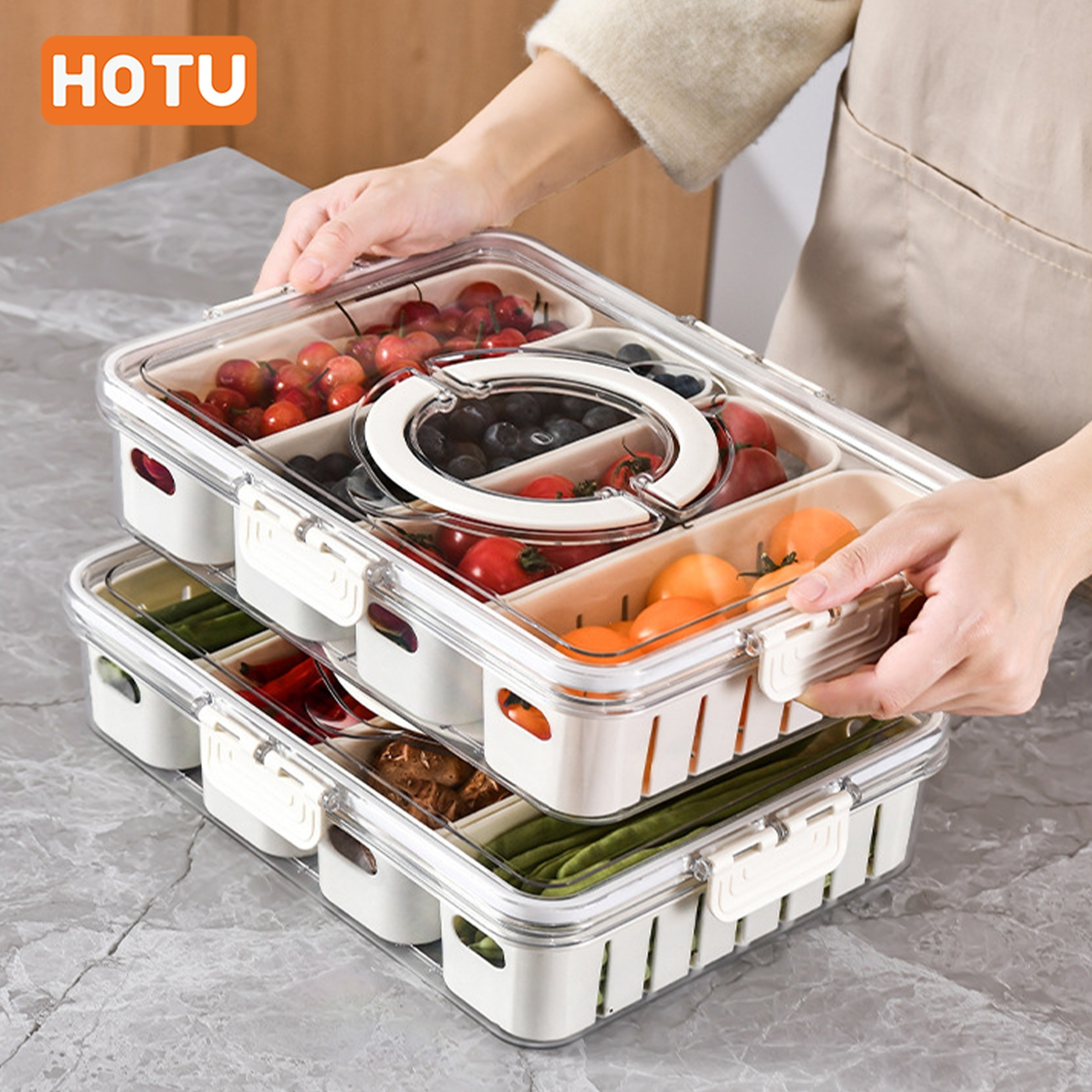 กล่องเก็บของตู้เย็น HOTU 4 ช่องพร้อมฝาปิด - ทนทาน, หลากหลายการใช้งาน, ที่ระบายน้ำเพื่อการเก็บรักษาสดของผลไม้และผัก, เหมาะสำหรับใช้ในบ้าน, แคมป์ปิ้ง และการเตรียมอาหาร, การเก็บผัก