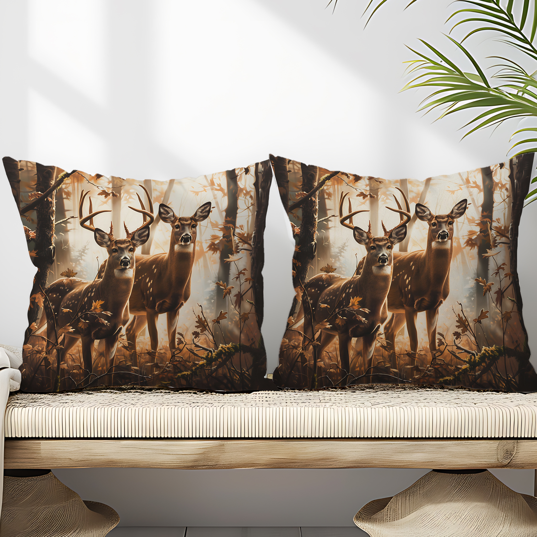 

2pcs Rustic Deer In The Decorative Polyester Throw Pillow Covers, 18x18in, Single-sided Print, Zip Closure - Sofa, Bedroom, Living Room Christmas & Halloween Decor