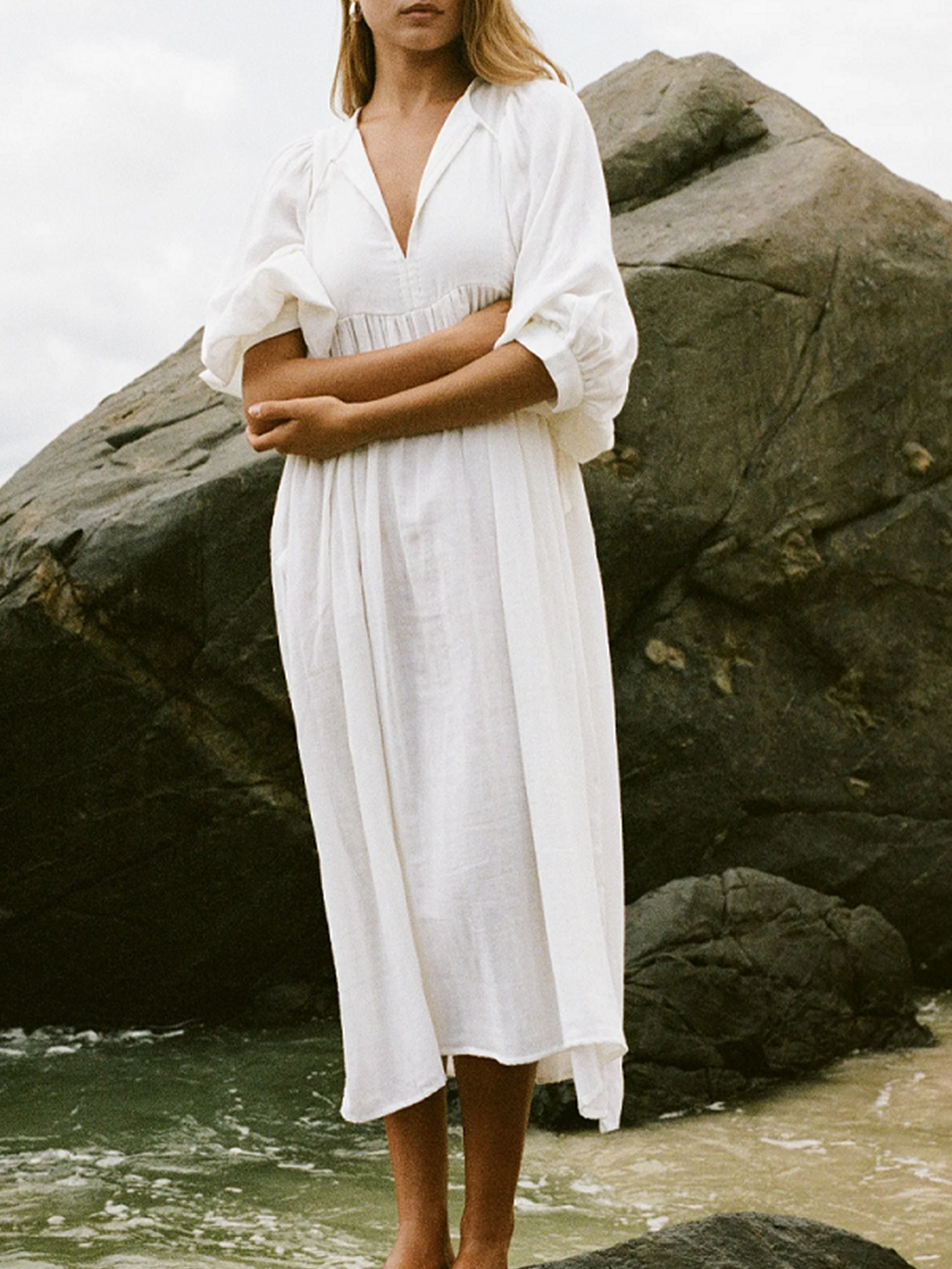 womens cotton midi dress casual loose fit 3 4 sleeves - Temu