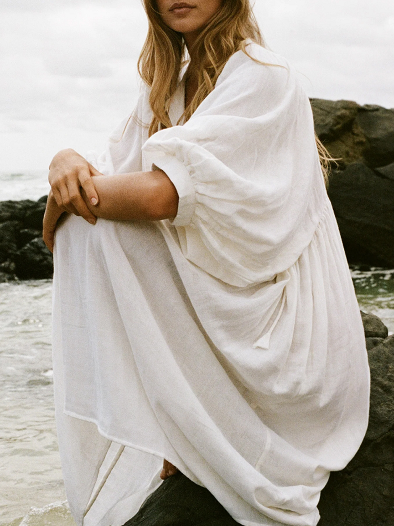 womens cotton midi dress casual loose fit 3 4 sleeves - Temu