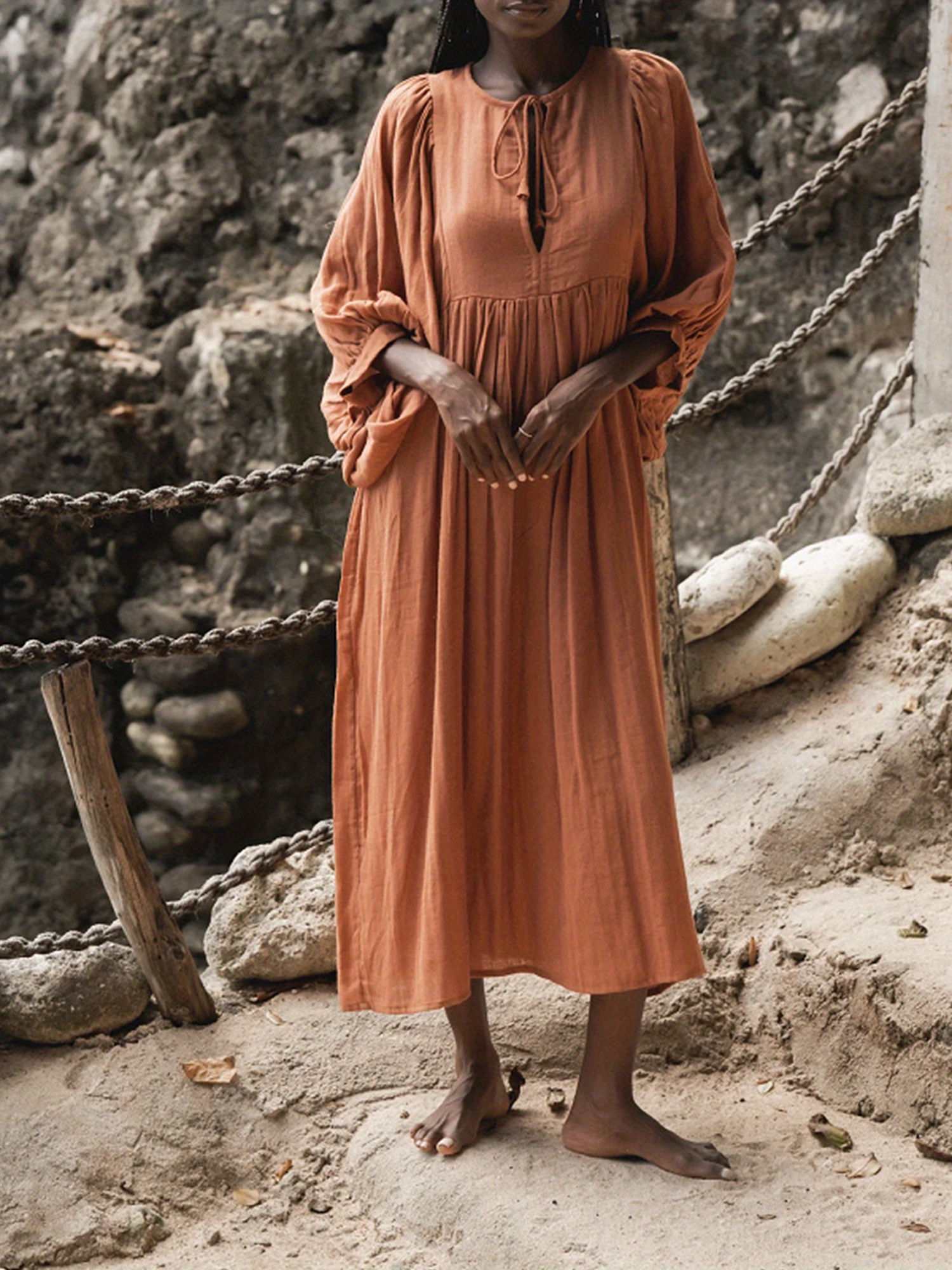 womens summer loose dress solid color 3 4 sleeves round neck
