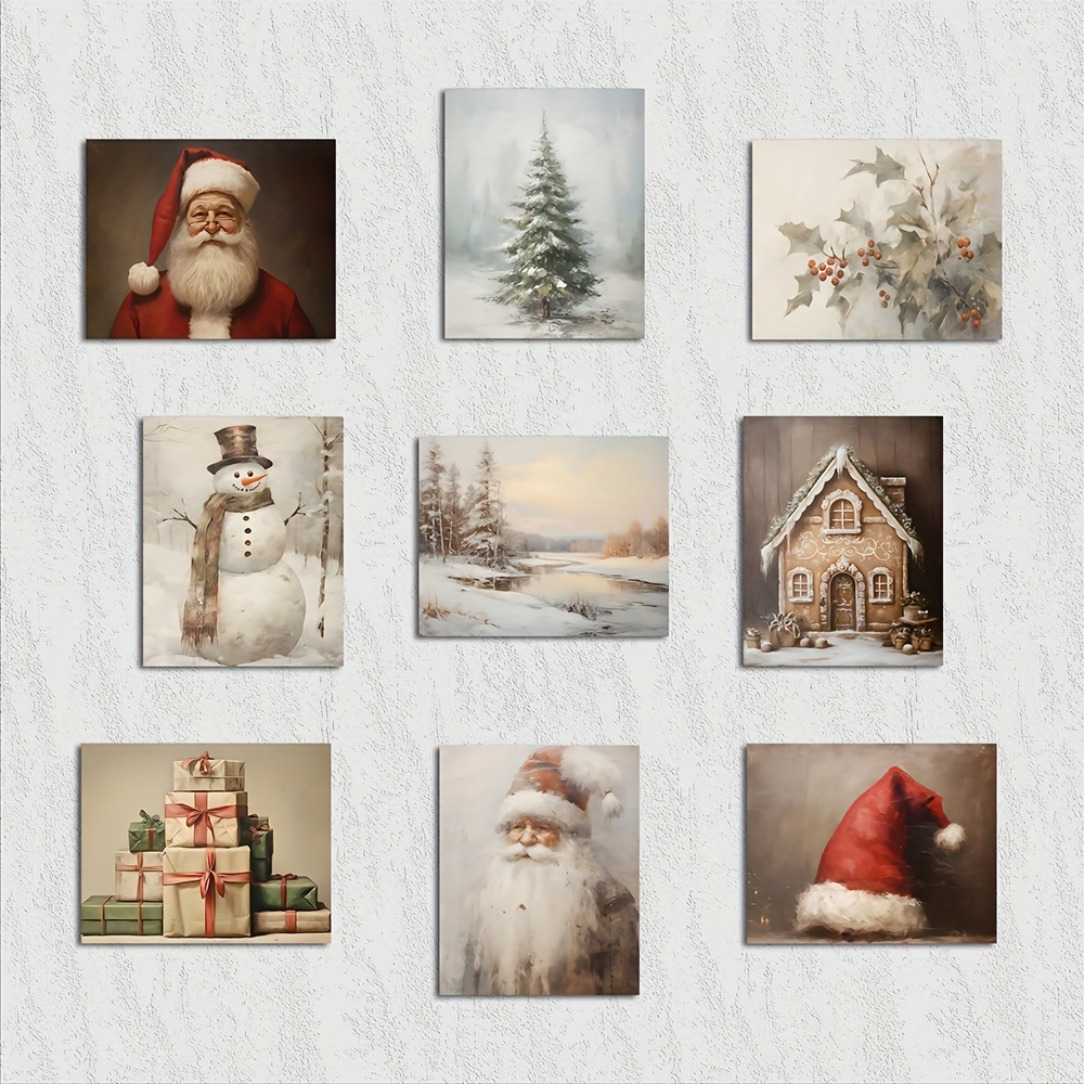 

9-piece Christmas Set, Holiday Decor Prints, Santa Claus, Snowman, Gifts & Winter Posters, 8x10 Inch Pearl Paper, Laminated Waterproof, Living Room Decoration