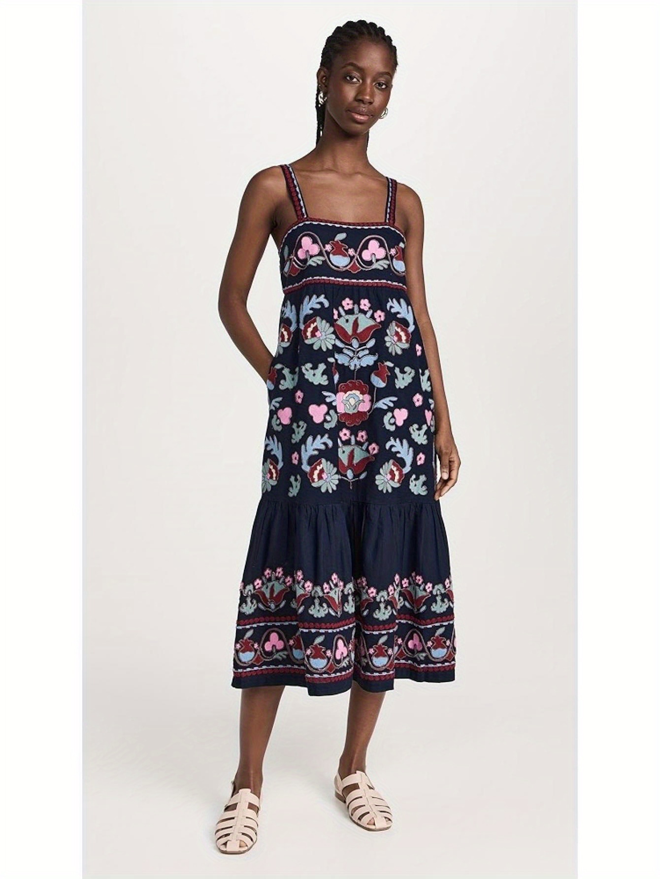 1pc women's floral print sleeveless pinafore dress - casual square neck  with lace-up straps, polyester woven loose flowy long dress for |  High-quality & Affordable | Temu