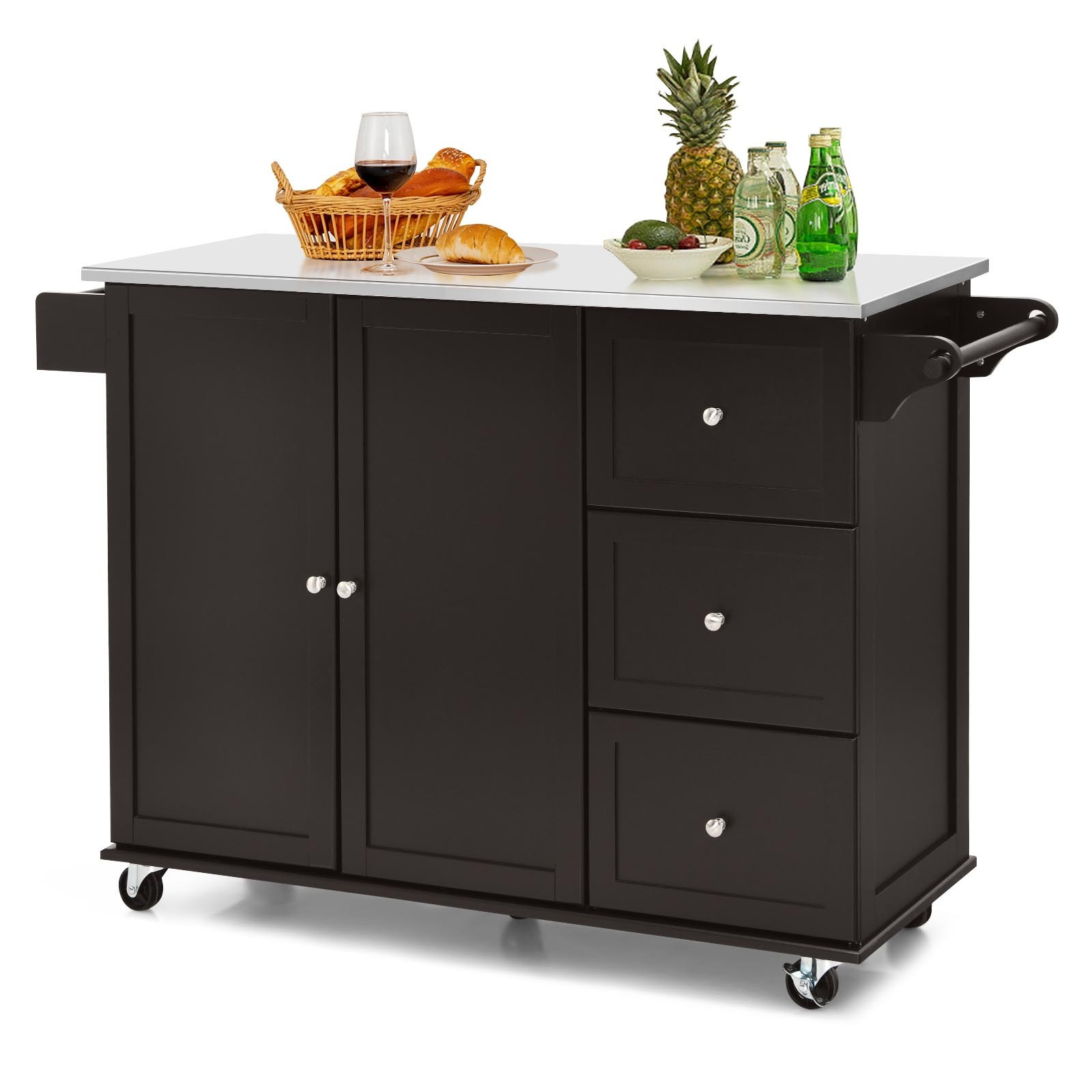 Image of Kitchen Cart With Stainless Steel Worktop, Kitchen Island With 3 Drawers And Adjustable Shelf And Towel Rail, Mobile Serving Cart, Kitchen Cabinet On Wheels, Kitchen Island Cart, Dark Brown