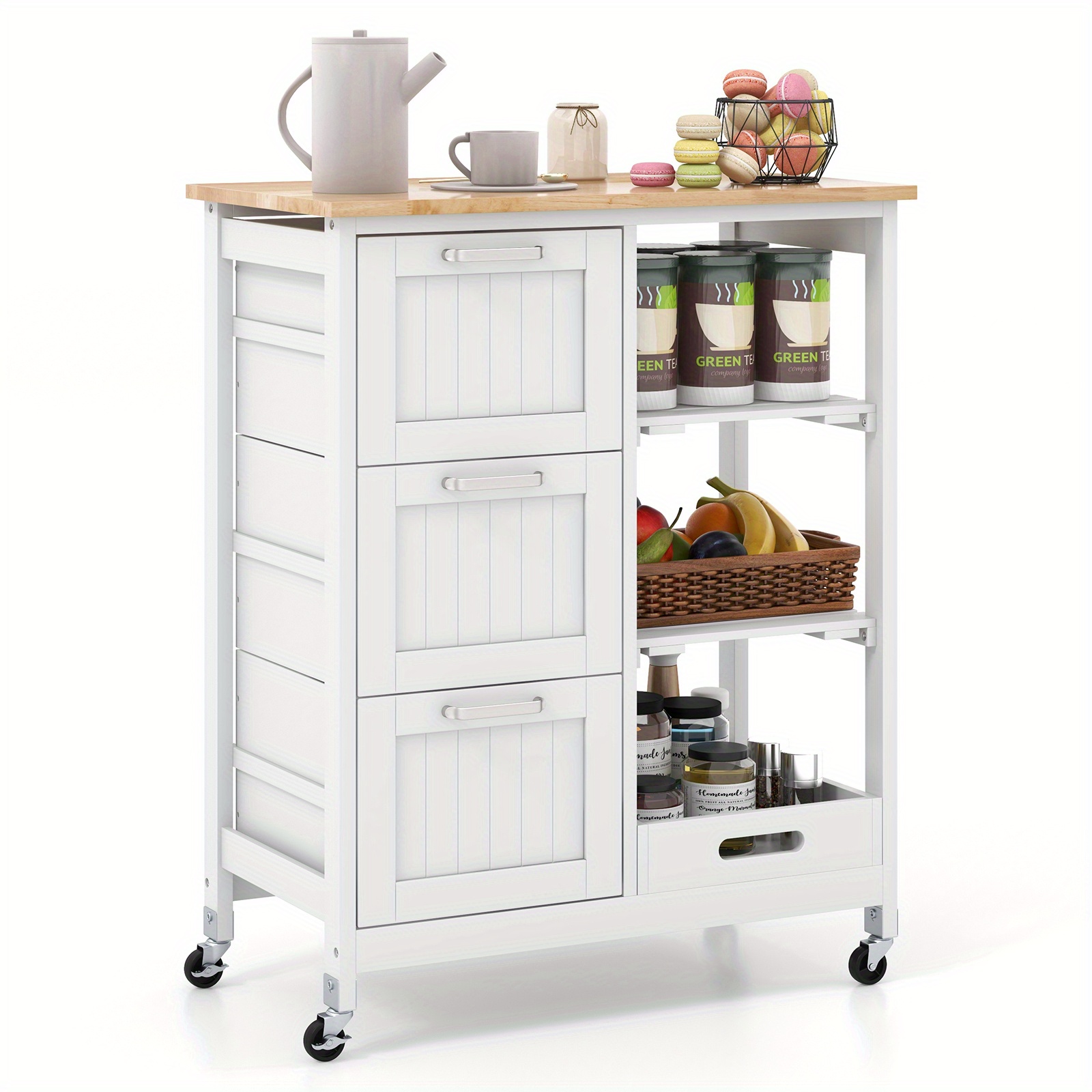 Rolling Kitchen Cart Featuring A Tray, Two-tier Storage Shelves, And 3 Spacious Drawers, From Rubber Wood, Dimensions 67 X 37 X 82.5 Cm