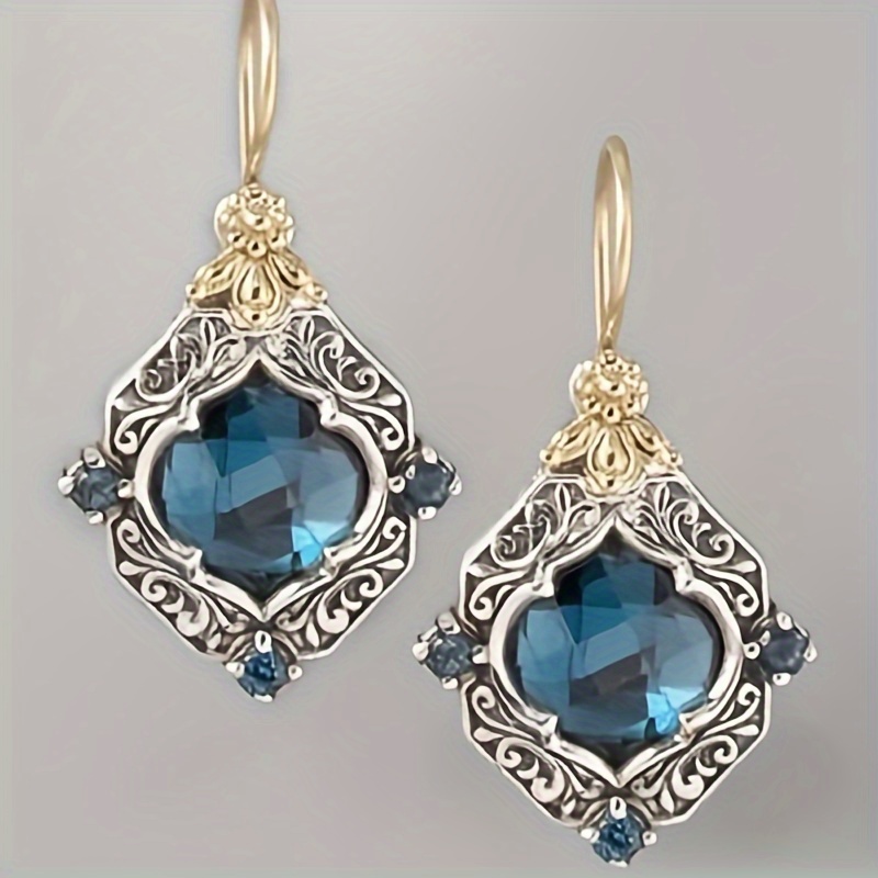 

Vintage-style Blue Synthetic Gemstone Dangle Earrings – Design With Golden Accents, Elegant Alloy Jewelry For Women, Casual Attire Or Gift