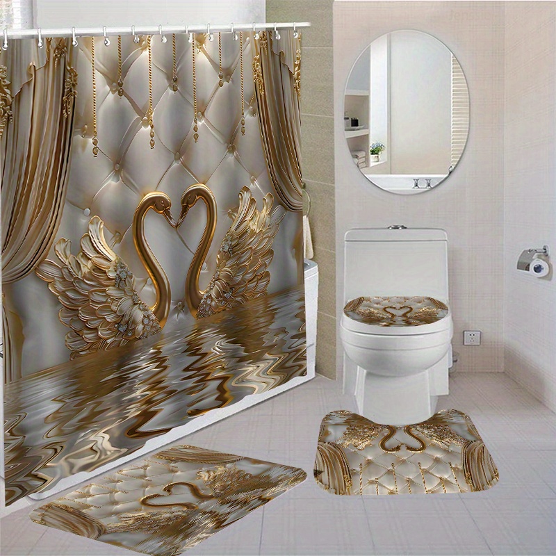 

1pc/4pcs Waterproof Bathroom Shower Curtain Set With 12 Hooks Toilet Seat Bath Mats And Rugs Non-slip Carpet Toilet Covers Polyester Fabric Washable Curtain For Windows Bathroom Accessories