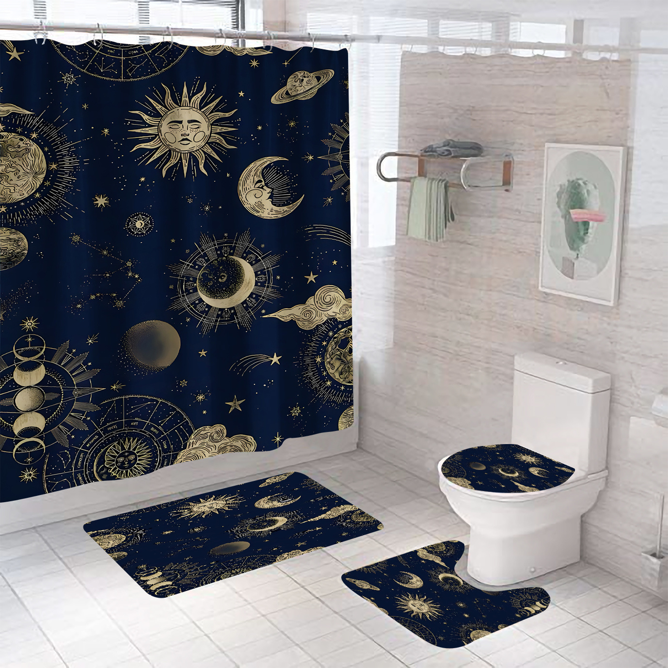 

Bath Shower Curtain Set With Non-slip Rug, Sun, Moon Decor, Bath Mat, U-shaped Rug, And Lid Toilet Cover - 180x180cm With 12 Hooks