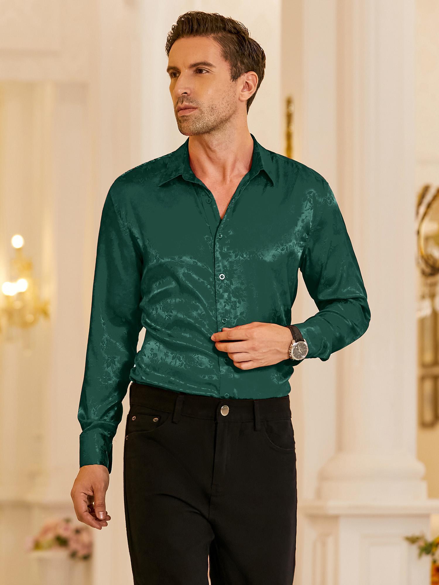 Wedding Emerald Green Dress Shirt Mens Dark Green Silk Dress Shirt