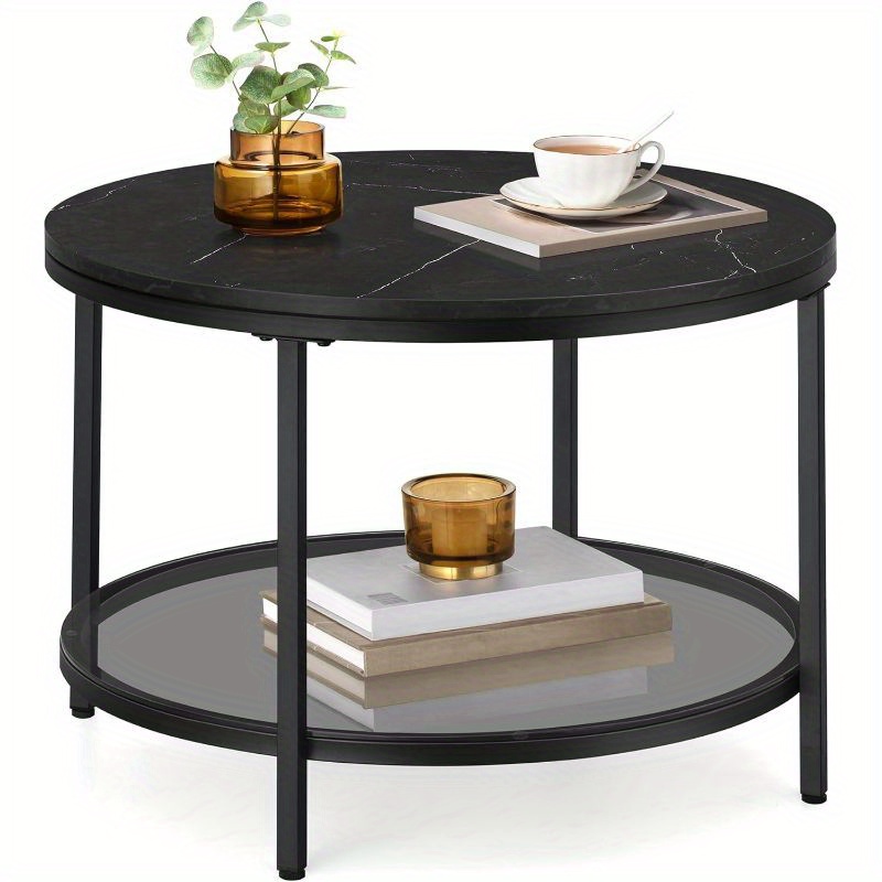 

Round Coffee Table, Small Coffee Table With Faux Marble Top And Glass Storage Shelf, 2-tier Circle Coffee Table, Modern Center Table For Living Room