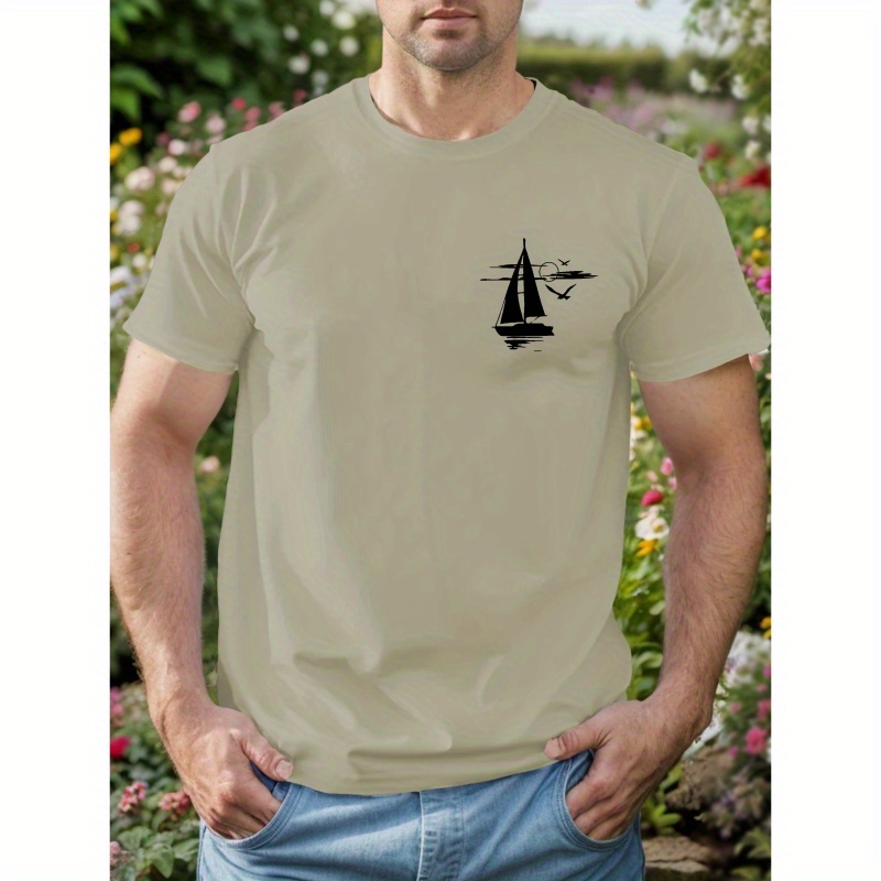 

Sunset Sailboat Print, Men' Round Neck Short Sleeve T-shirt, Summer Casual Top