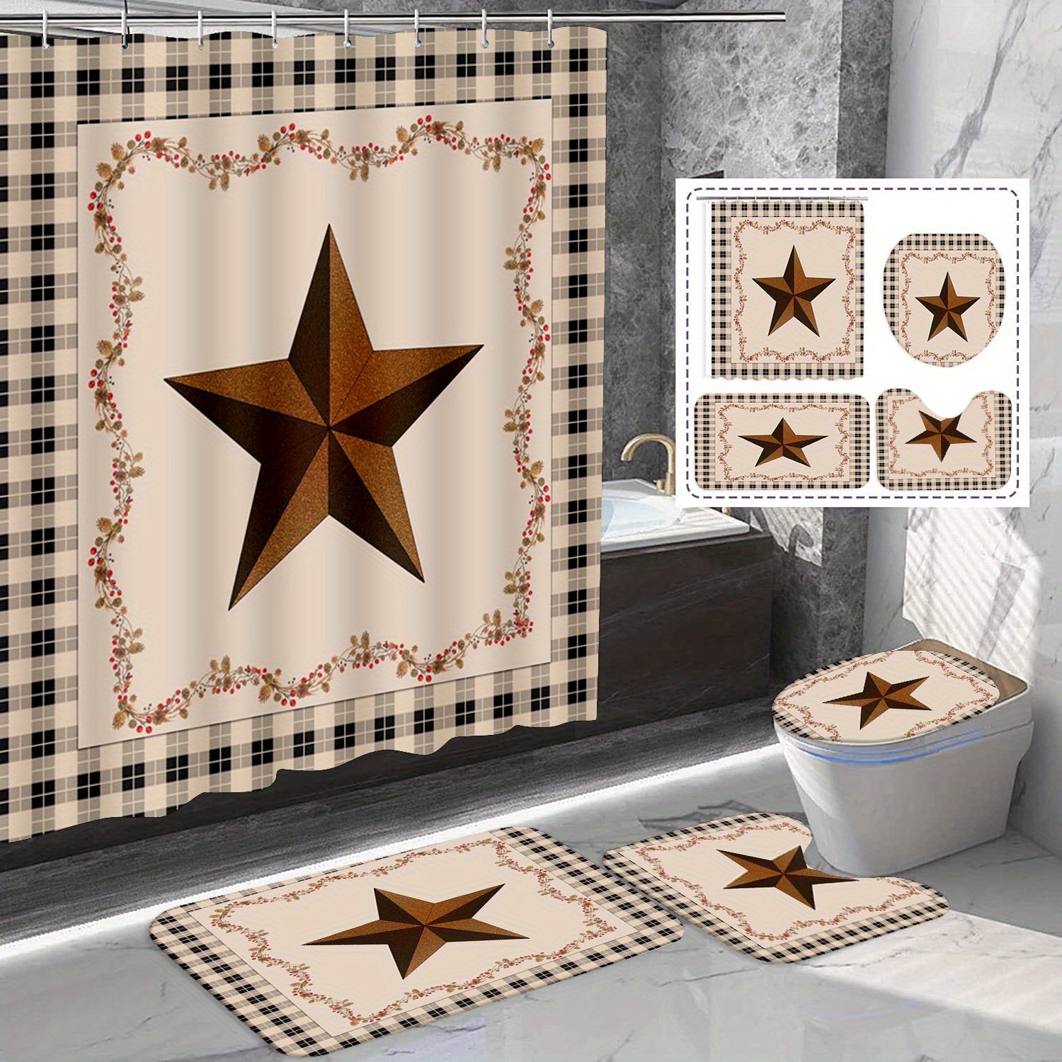 

1/4pcs -pointed Shower Curtain Set, Decoration, Bath Mat Carpet, Mat , Shower Curtain, 71x71 , Bathroom Decoration