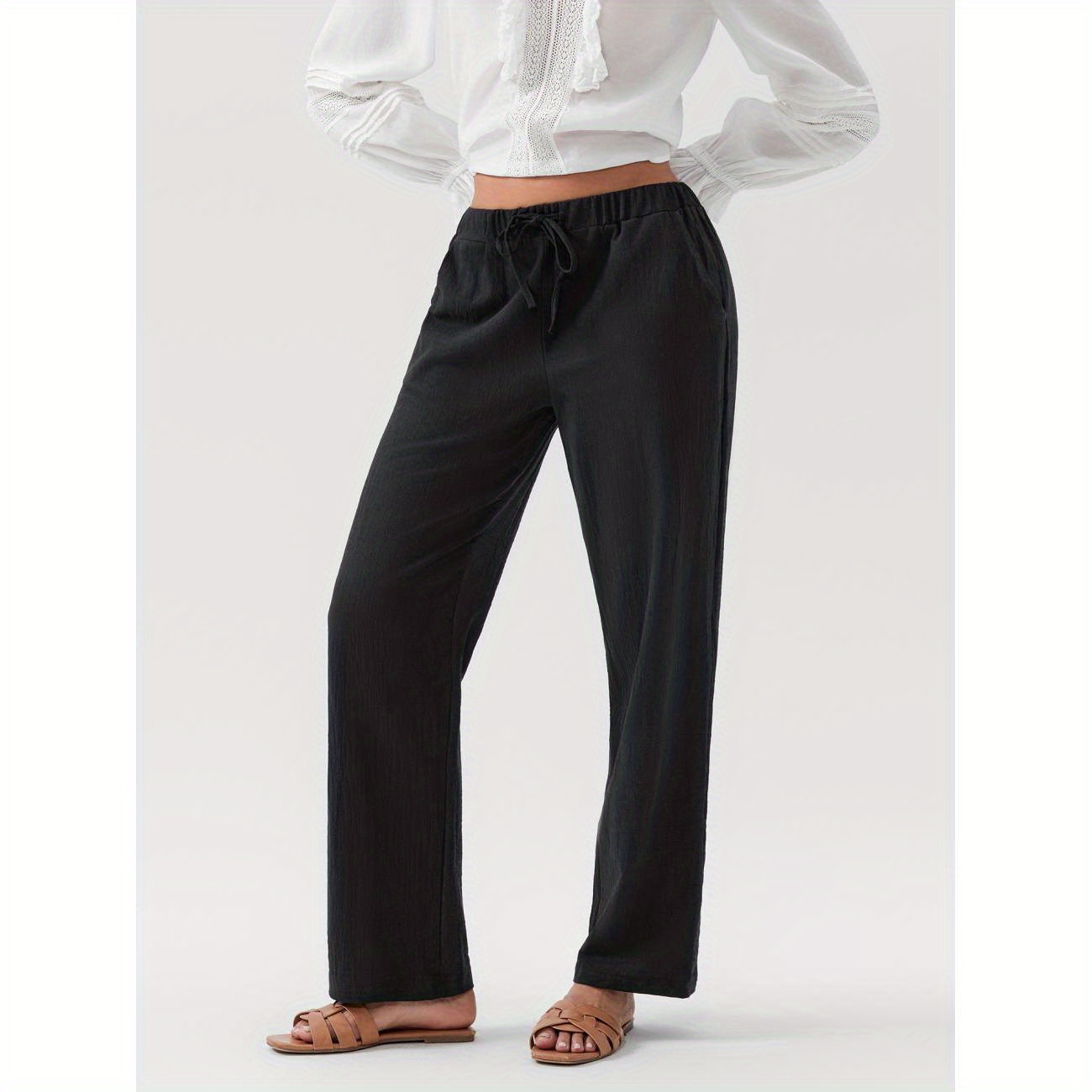 

Women Loose Linen Pants Solid Color Drawstring High Waist Trousers With Pockets For Spring Summer