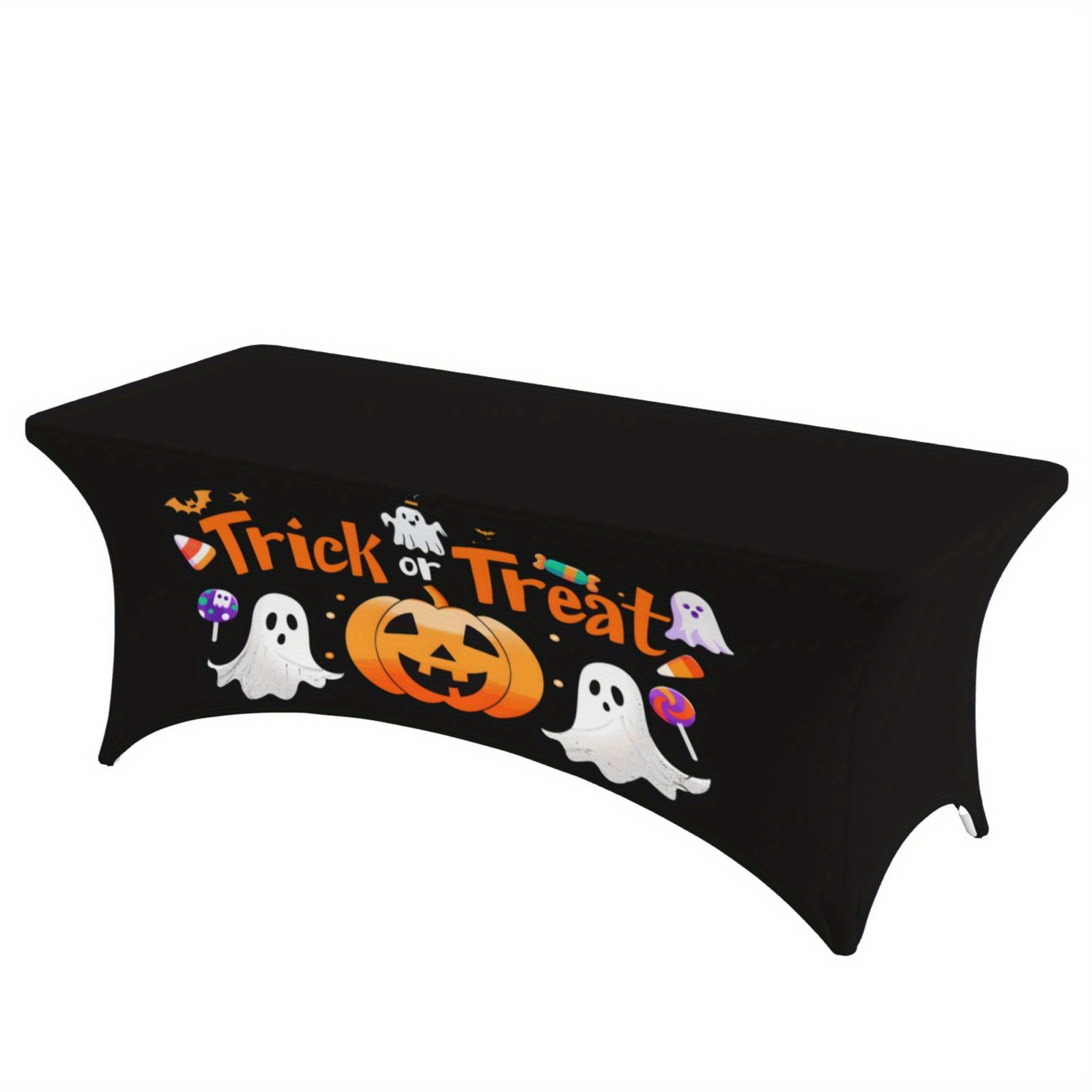 

Stretchable Spandex Tablecloth - Trick Or Treat & Pumpkin - 100% Polyester Handmade Knit Fabric Fitted Table Cover For Rectangular Tables