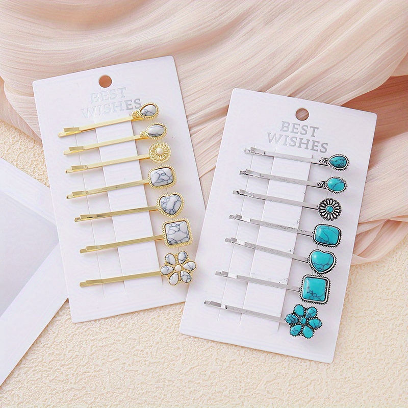 

7pcs Set, Fashionable Retro Elegant White Turquoise Hair Clip, Turquoise Clip Bang Clip, Turquoise Hair Accessories Set, Bohemian Style Headwear