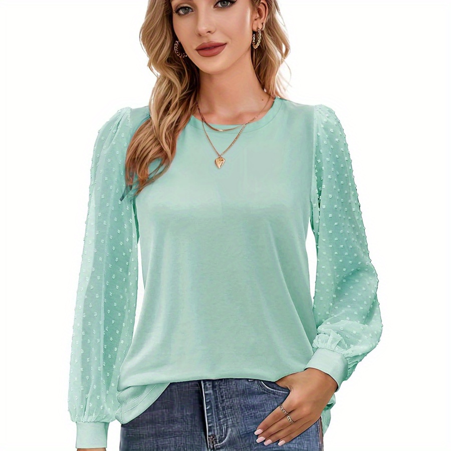 

Women's Mesh Long Sleeve Shirts, Dressy Casual Blouses, Swiss Dot Balloon Sleeve Tunic, Trendy Crew Neck