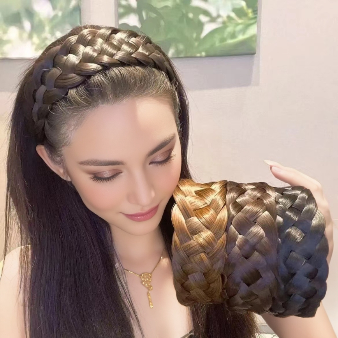 

Elegant Fishbone Braided Hairpiece With Adjustable Headband And Non-slip Grip For All Hair Types