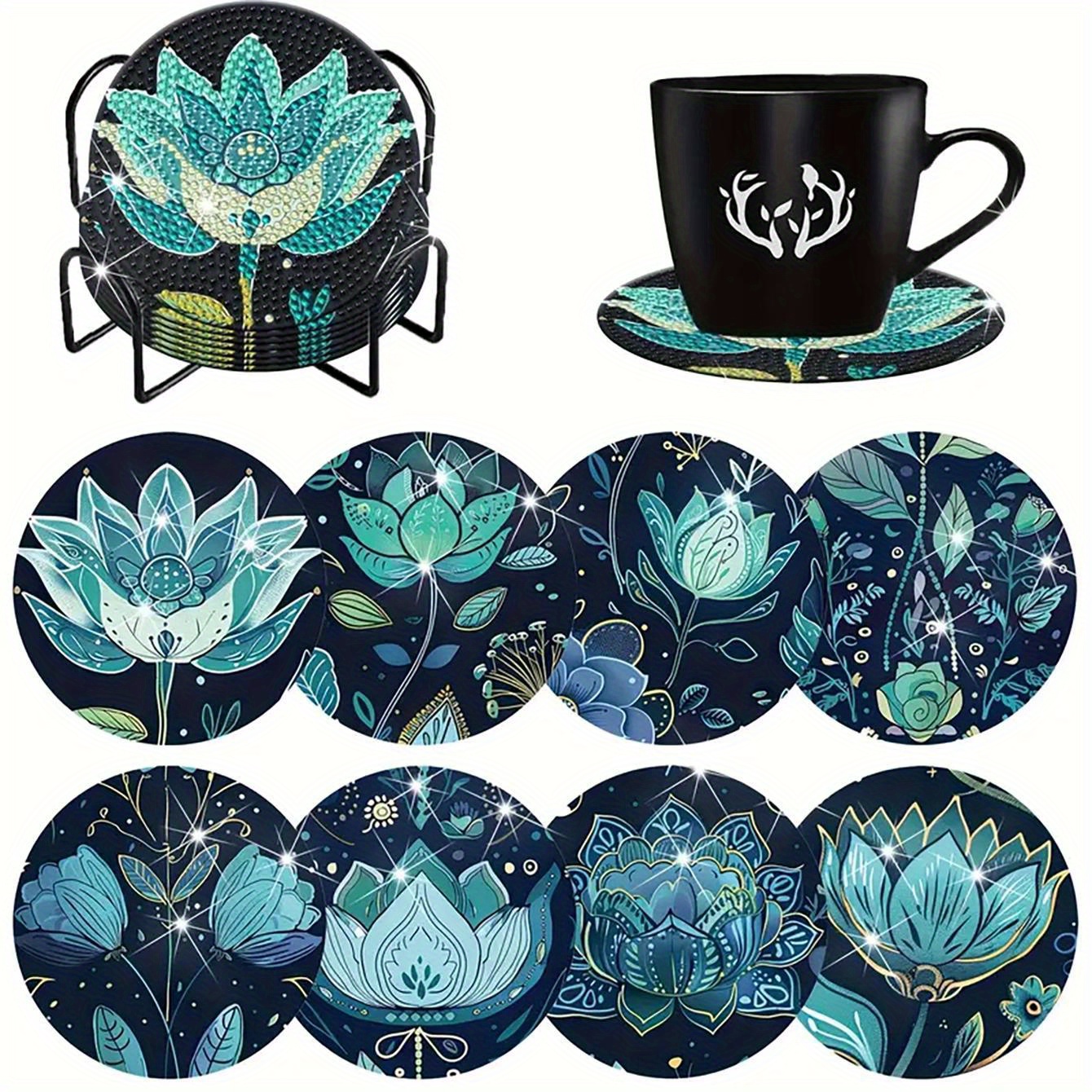 

Diy Diamond Art Coaster Set: Acrylic Lotus Pattern Coasters With Wooden Holder - Home Decor And Gifts