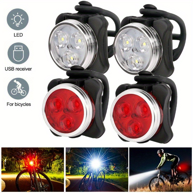 TEMU 4pcs Bicycle Front And Rear Led Safety Light Set - High-brightness 3led Night Riding Warning Lights With Usb Charging, And 4 - Rechargeable