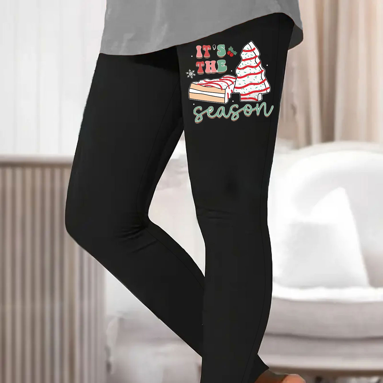 

Christmas Tree Cake & Slogan Print Lounge Top For Fall, Elastic Medium Stretch Skinny Pants, Women's Loungewear For Christmas