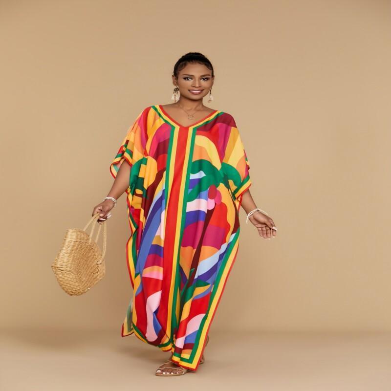 

Women's Red Yellow Printed Kaftan Dress Long Beach V-neck Loose Large Size Swimwear Cover Up Robe