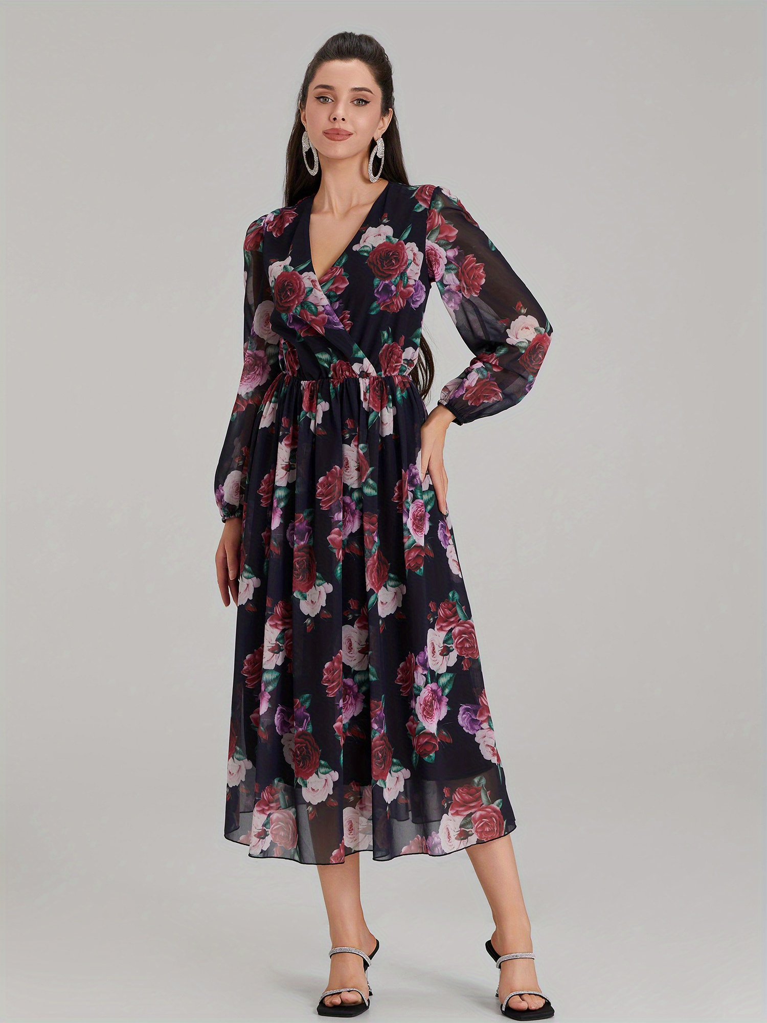 elegant floral print v-neck long sleeve dress for women, sheer polyester  blend, summer a-line maxi dress with tight waist - women's clothing - Temu