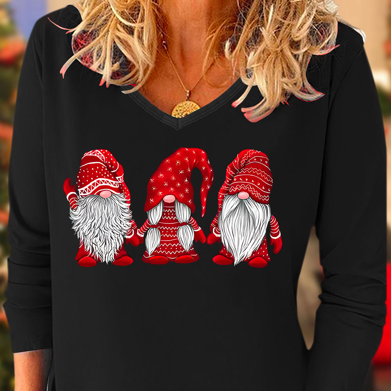 

Christmas Gnome Print Lounge Tops For Fall, Casual Long Sleeve Medium Stretch T-shirt, Women's Loungewear For Christmas