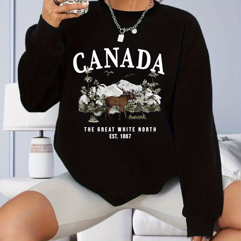 

Canada Print Pullover Sweatshirt, Casual Long Sleeve Crew Neck Sweatshirt For Fall & Winter, Women's Clothing