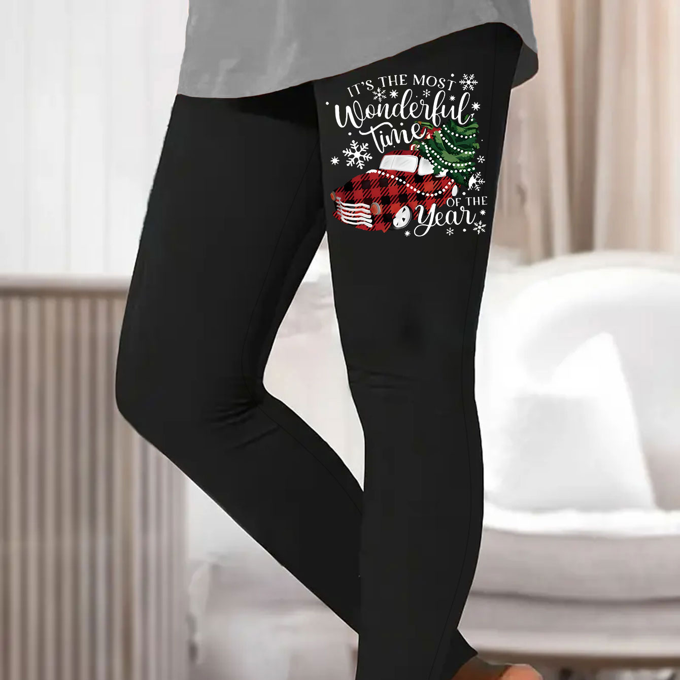 

Truck With Christmas Tree & Slogan Print Lounge Top For Fall, Medium Stretch Skinny Pants, Women's Loungewear For Christmas