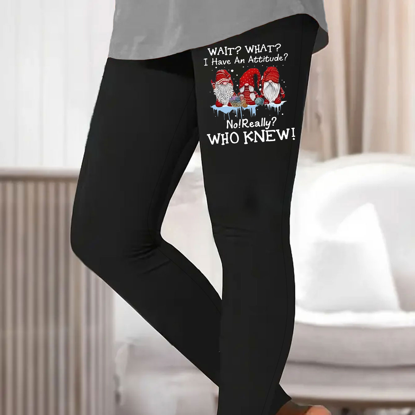 

Christmas Gnome & Slogan Print Lounge Top For Fall, Elastic Medium Stretch Skinny Pants, Women's Loungewear For Christmas