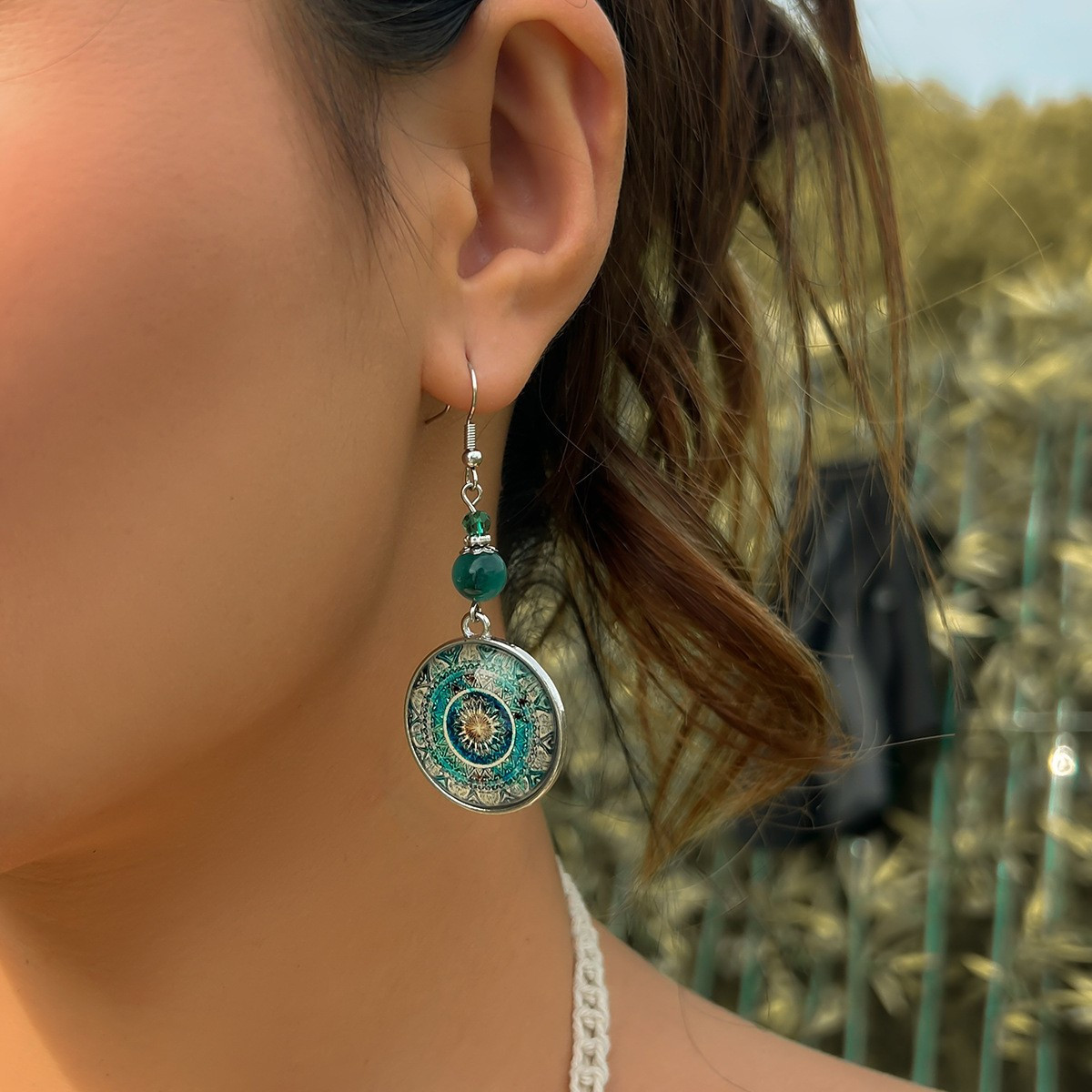 

A Pair Of Vintage Green Alloy Round Mandala Earrings, Suitable For Daily Casual Or Special Occasions, Perfect Gift For Girls/ Women