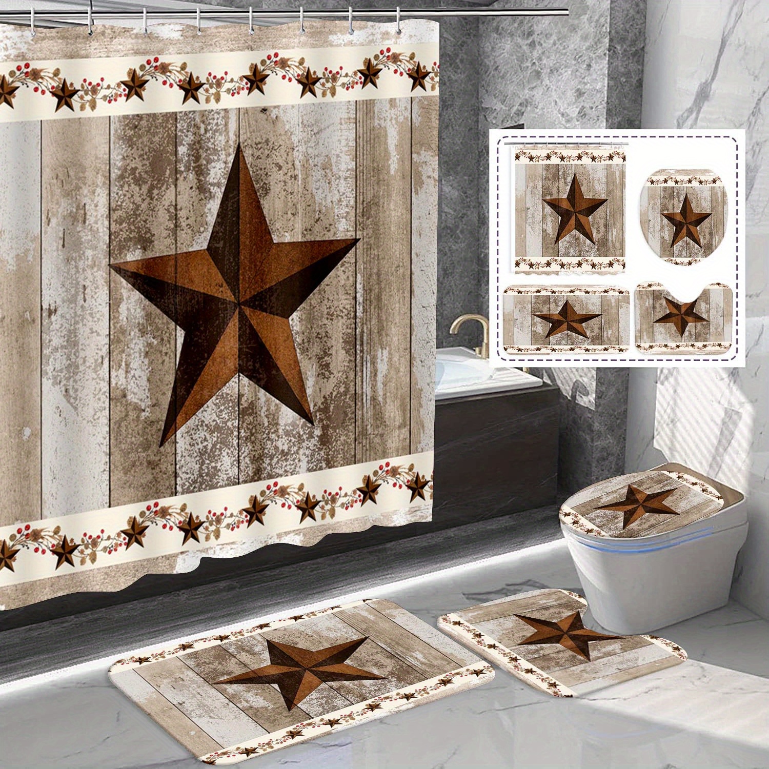 

Rustic Texas Curtain Set: 71x71in/180x180cm, Farmhouse Style Wooden Board Decoration, Bath Mats, Toilet Seat Cover, Waterproof Curtain, Bath Accessories, Home Decor