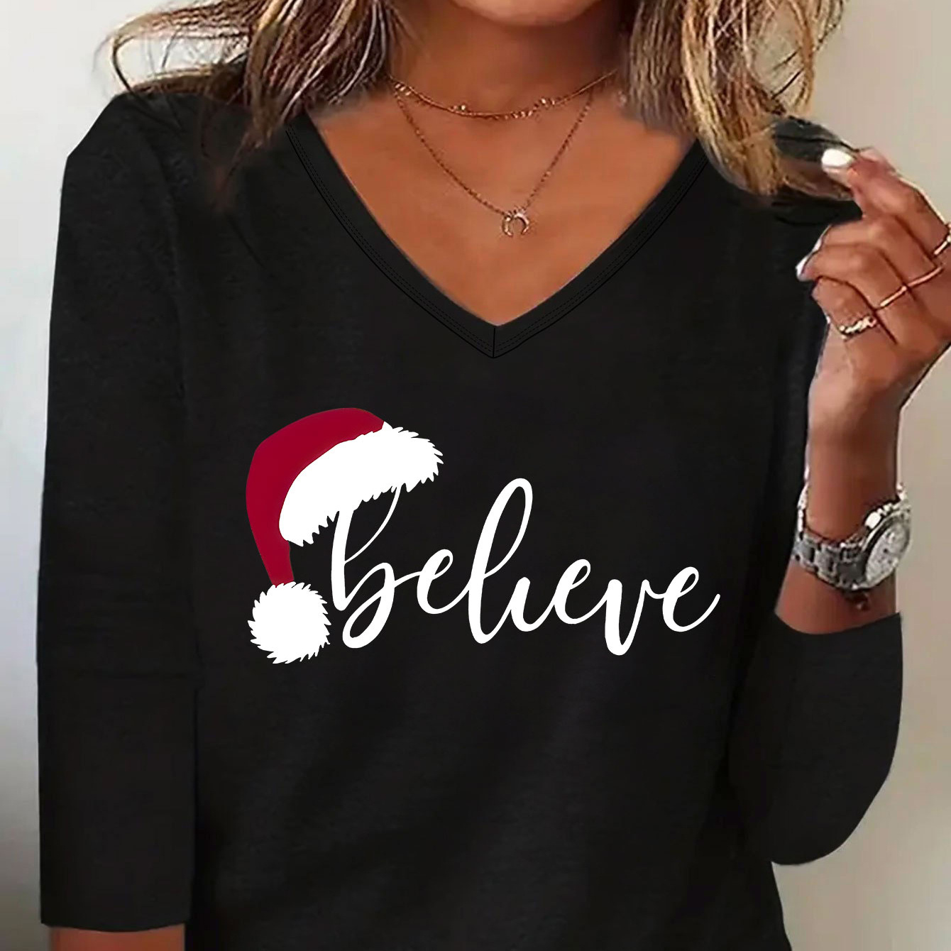 

Casual Christmas Hat & Letter Print Lounge Tops For Fall, Casual Long Sleeve Medium Stretch T-shirt, Women's Loungewear For Christmas