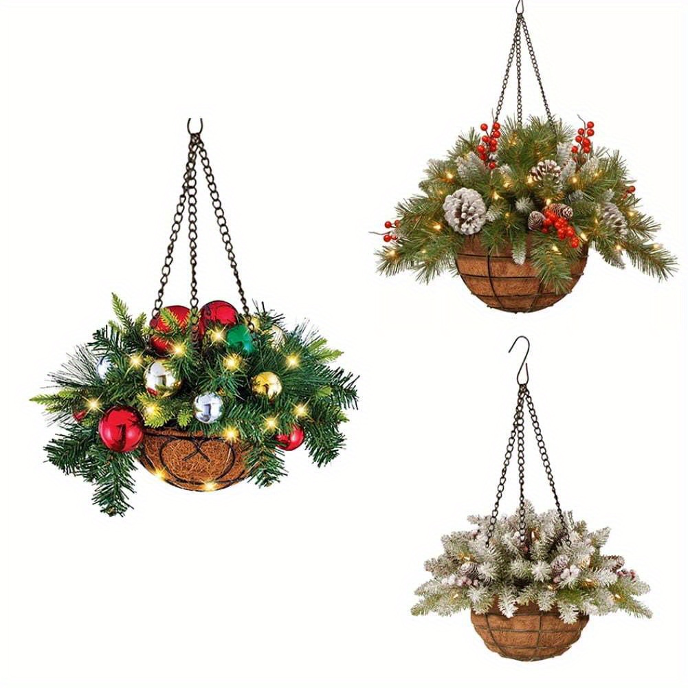 Lit Artificial Outdoor Christmas Hanging Baskets with Lights,Xmas order Hanging Baskets with Led String Lights,Christmas Outdoor Decorations