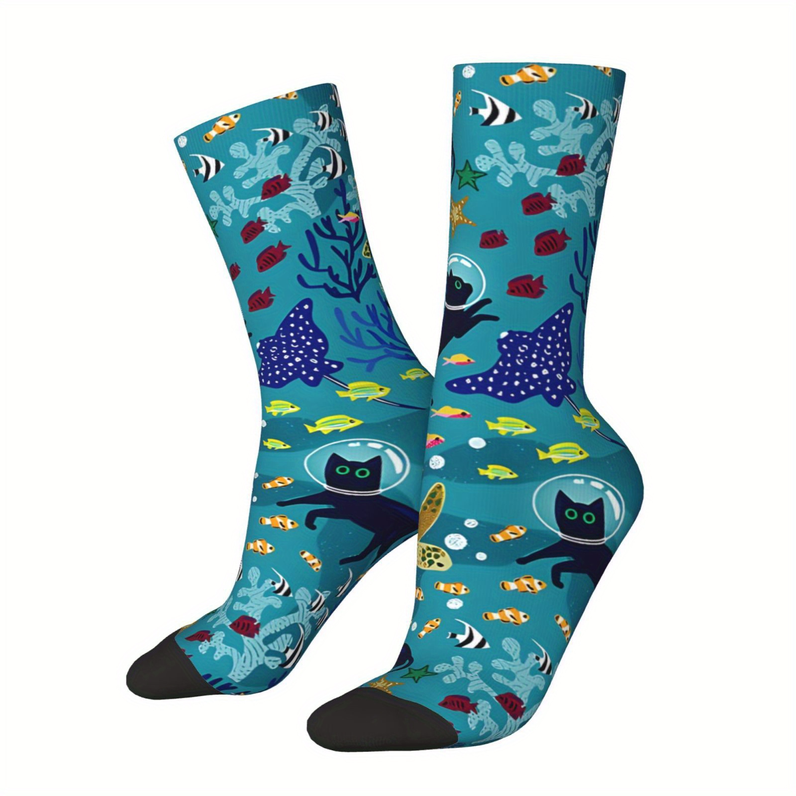 

Black Cat Fish Pattern 1 Pair Men's Mid-calf Crew Socks, Breathable Comfy Casual Socks Sweat-absorbing Fashion Sports Socks For Basketball Running