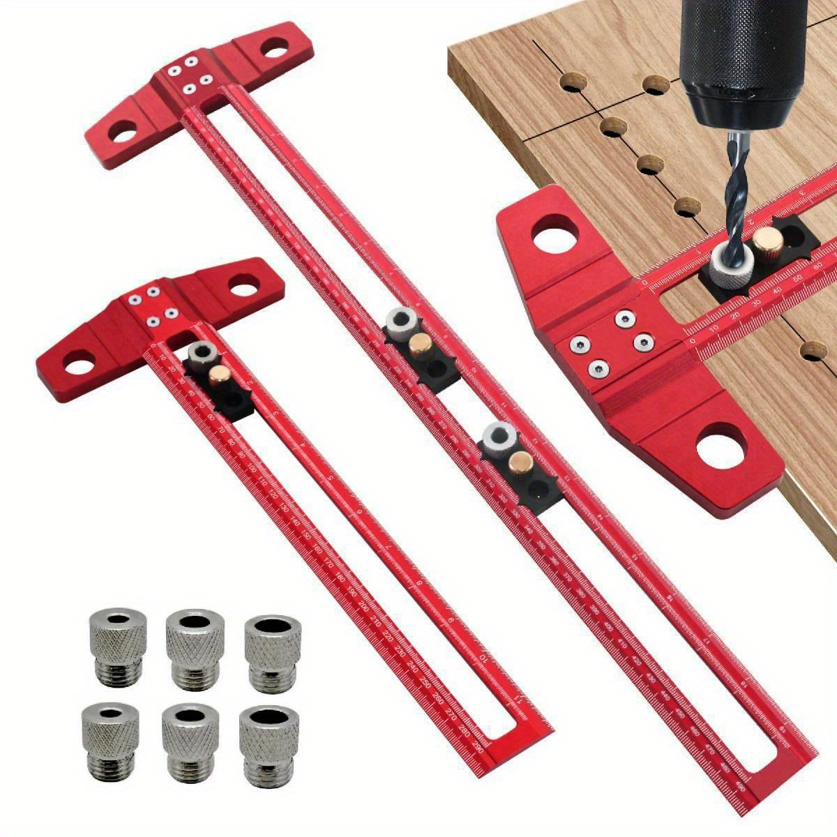 

Aluminum Alloy Woodworking Drilling Guide, 2-in-1 Positioning And Scoring Ruler, Multifunctional T Square Marking Tool With 6/8/10mm Drill Bushings, Non-electric Precision Dowelling Jig Set