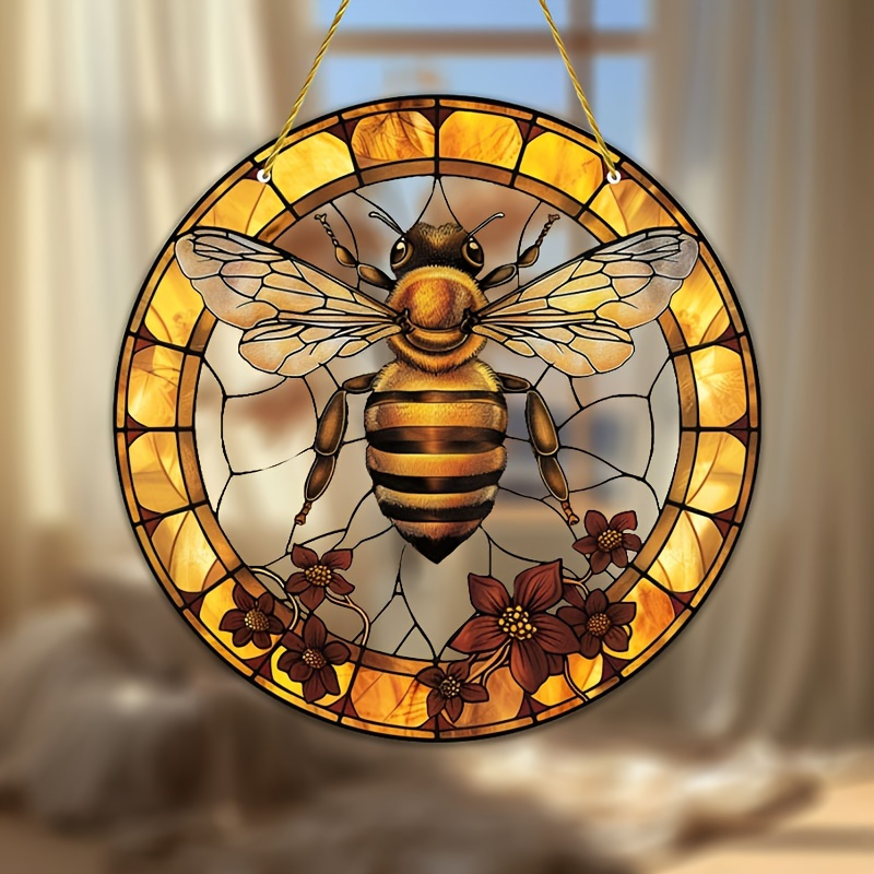 

1pc, Bees & Flowers Acrylic Suncatcher - Stained Glass Window Hanging Decor, Perfect Decor For Garden Porch Bedroom Office, Home Indoor & Outdoor Decorations