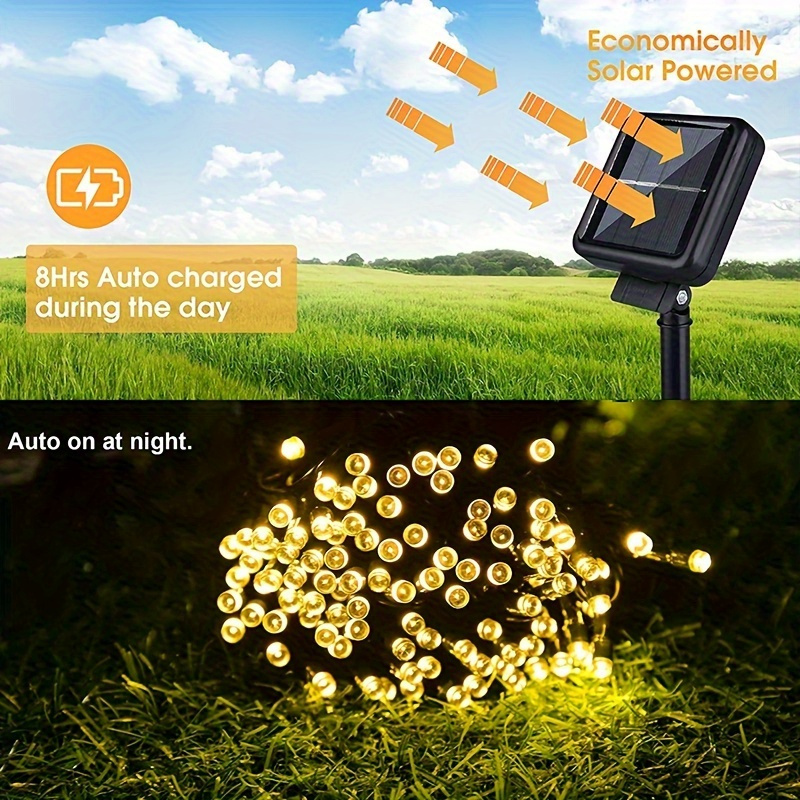 Luces solares de cadena para exteriores 200 LED, 8   de luces blancas cálidas, decoración de jardín con energía solar de plástico para fiestas de Halloween y Navidad, mayores de 14 años. 1